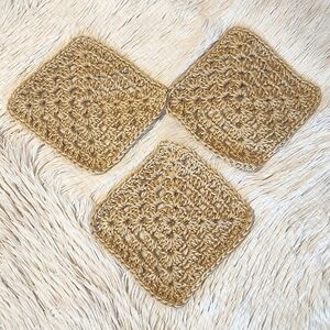 Set of 3 Gold Handmade Crocheted Granny Squares Trivets Craft Project Supplies